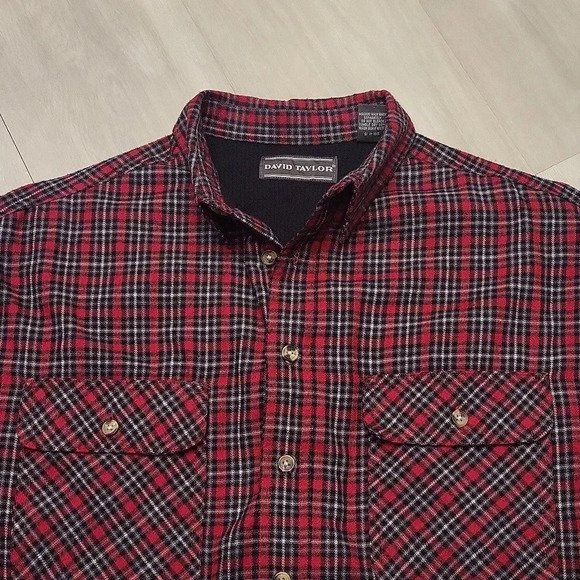 🛍David Taylor Thermal Red Plaid Collared Button Up Flannel Mens Size Large - Picture 6 of 9